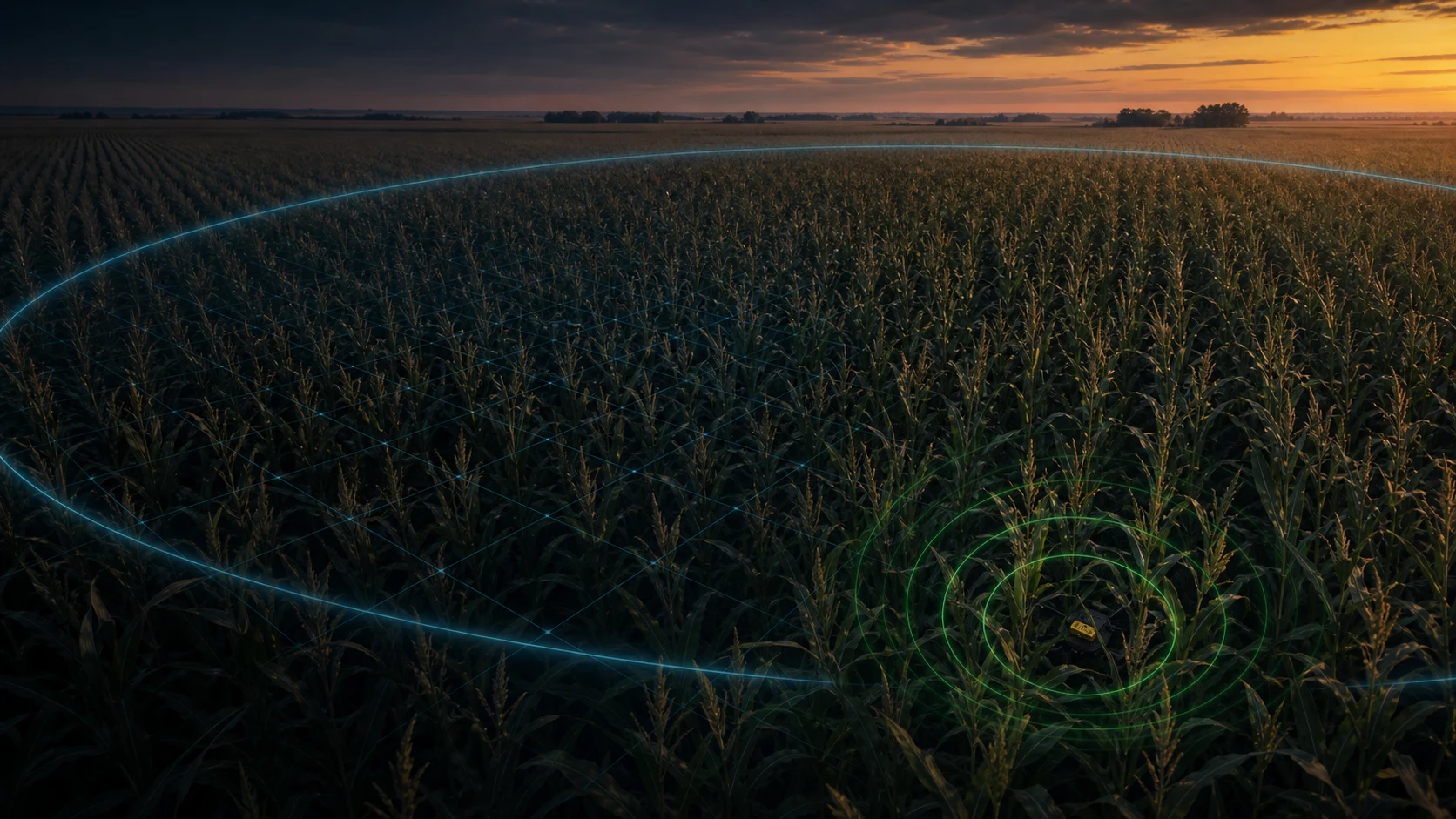 A downed drone hidden between tall rows in a large cornfield, with a broad GNSS search area and tight recovery-buzzer signal rings