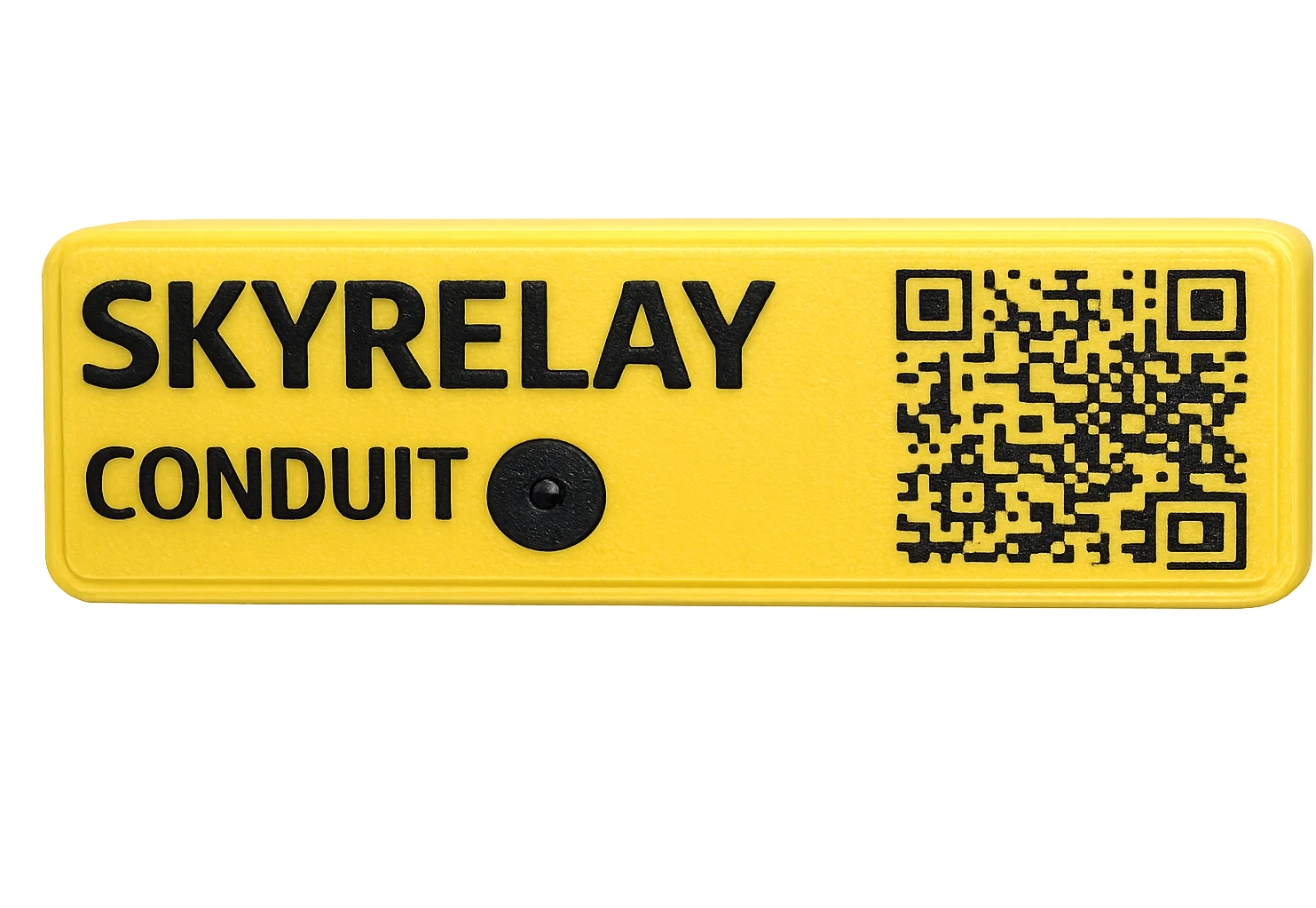 Front face of SkyRelay Conduit showing the recovery buzzer and QR code