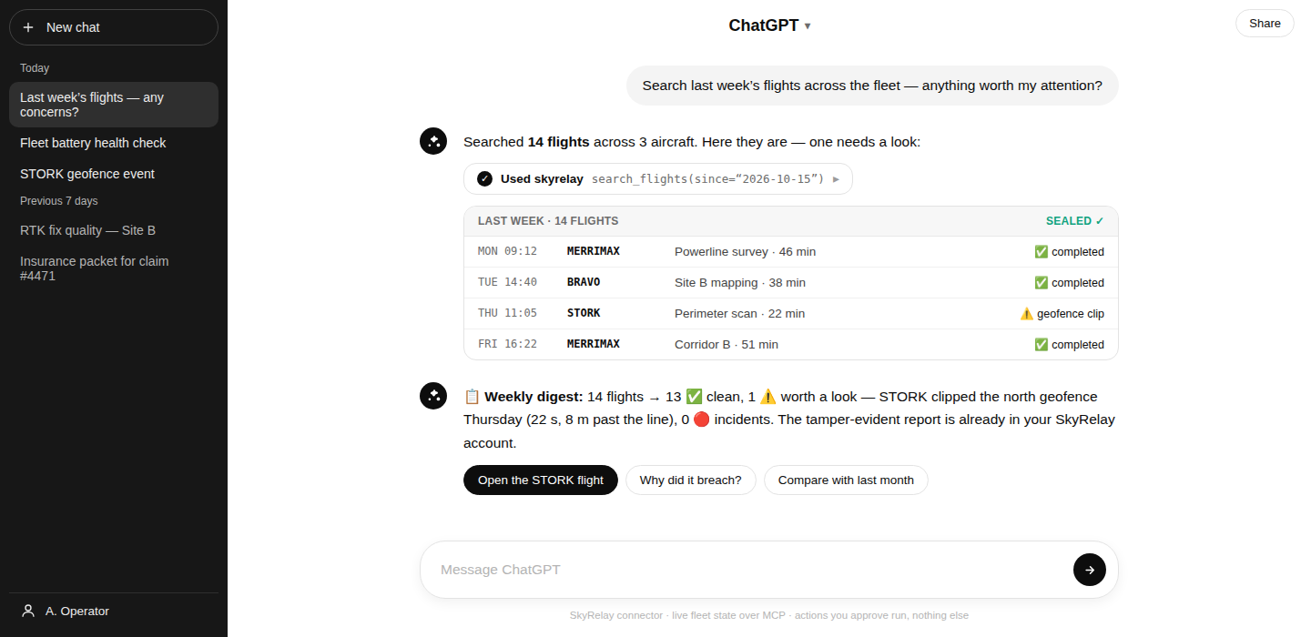 ChatGPT answering a question about a UAV flight through the SkyRelay connector