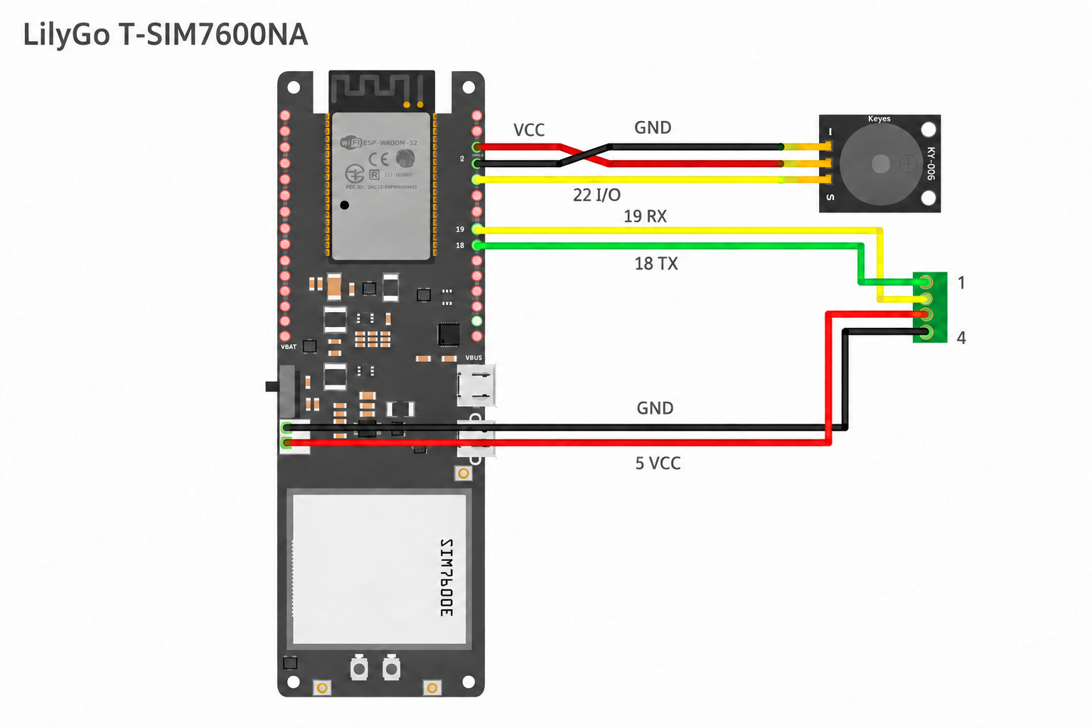 Wiring diagram: UART breakout board and buzzer connected to LilyGo T-SIM7600NA