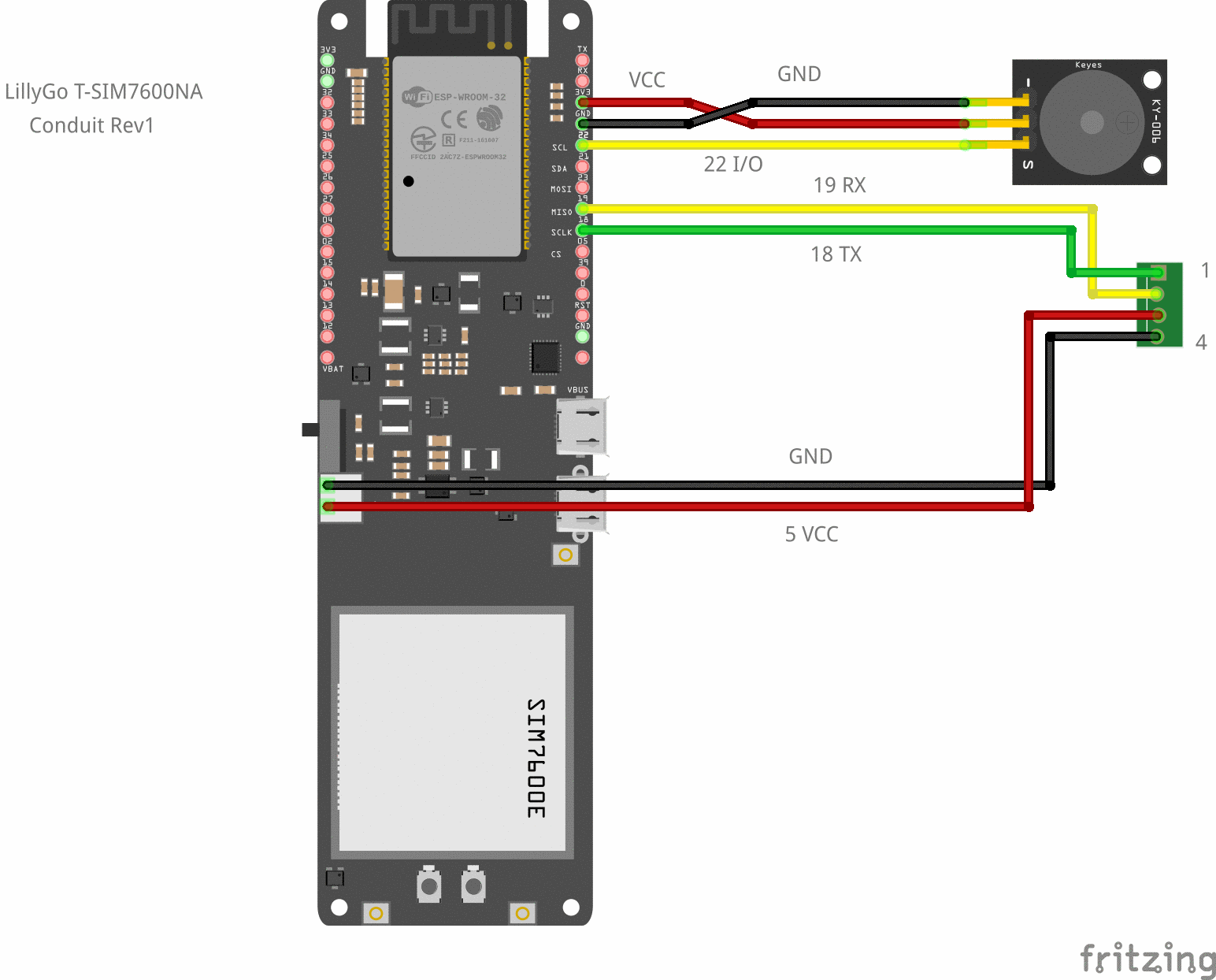 Wiring diagram: UART breakout board and buzzer connected to LilyGo T-SIM7600NA