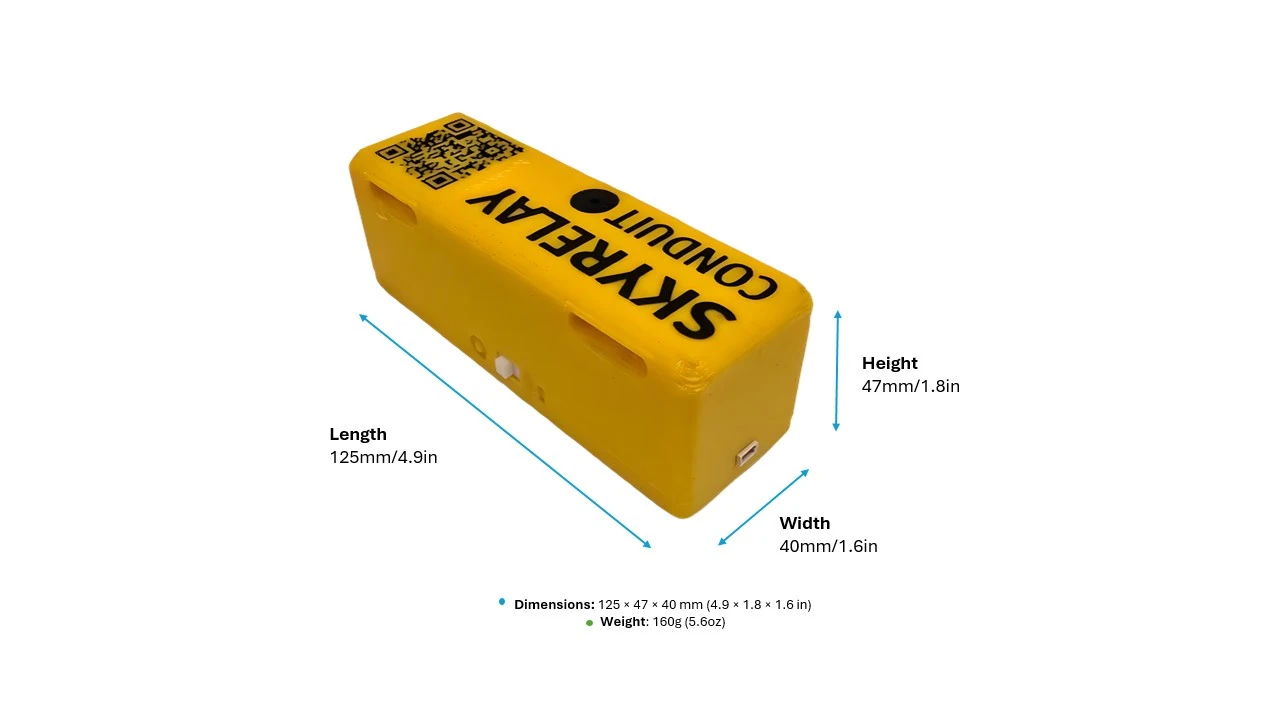 SkyRelay Conduit K01 case dimensions — 125 × 47 × 40 mm, 160 g