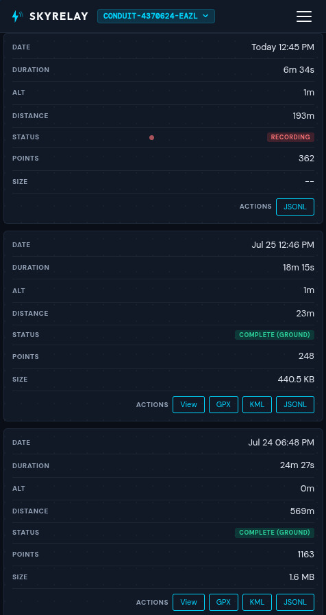 SkyRelay mobile records showing one active recording and completed records with duration, point count, size, and export actions
